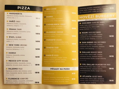 Map's food menu - Pizza a hovězí burgery